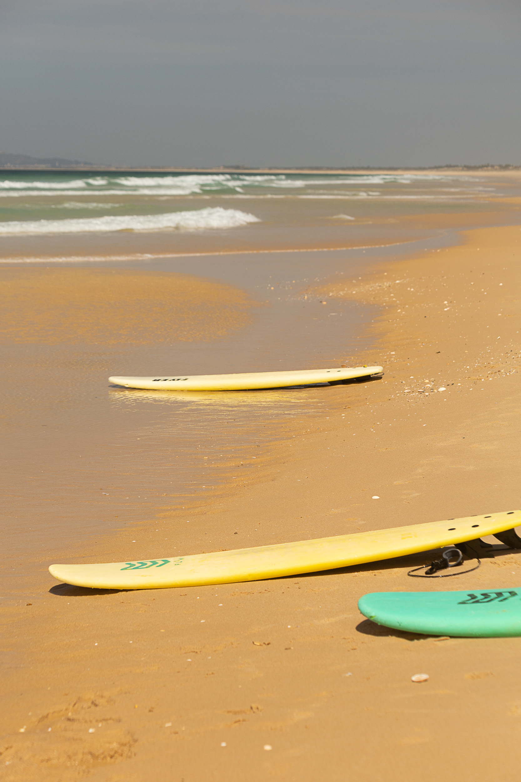 Surf students warming up with their boards in the shallow water of the Atlantic Ocean