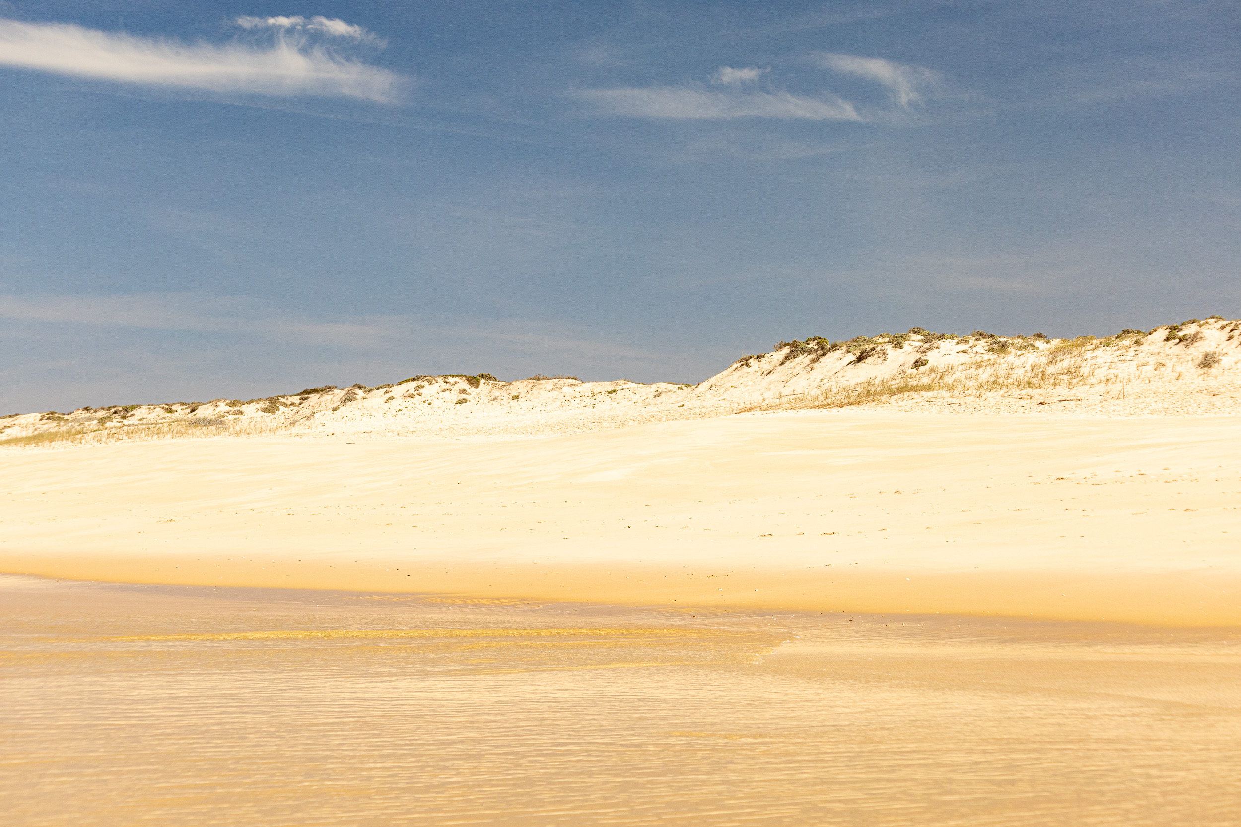 Plage de sable clair et dunes douces sous un ciel bleu éclatant à Praia do Carvalhal.