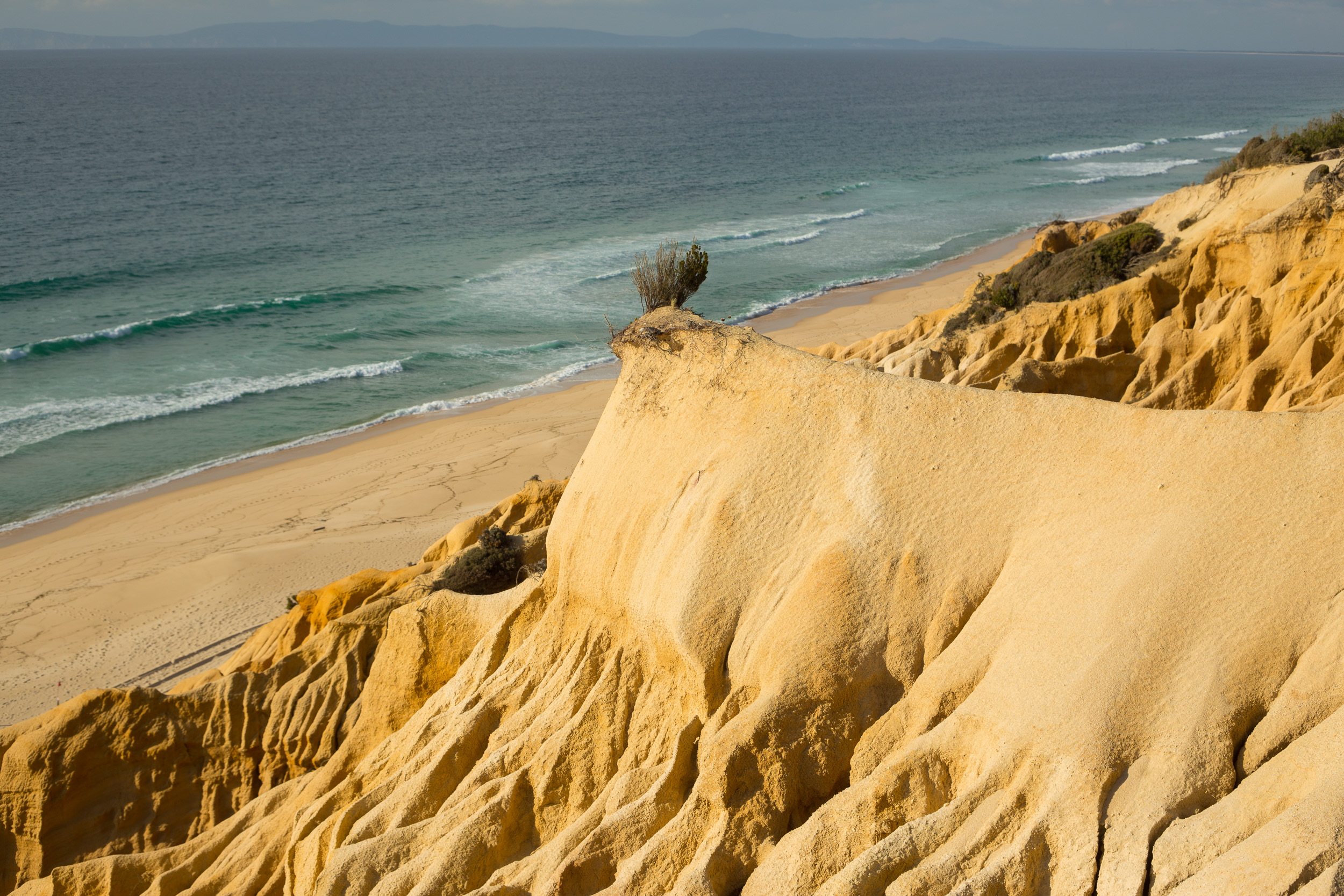 Vue depuis le bord de la falaise sur les falaises fossiles abruptes et stratifiées et l'Atlantique bleu en arrière-plan.
