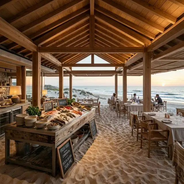 Der JNcQUOI Beach Club mit Holzbalken und Sandboden, im Vordergrund ein Buffet mit frischem Fisch auf Eis, dahinter Meerblick beim Sonnenuntergang.